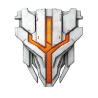 futuristic, metallic emblem with sharp edges and orange accent, resembling shield or crest, evokes sense of strength and innovation. design is symmetrical and sleek png