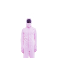 A person in full body pink suit with reflective visor stands against plain background, creating futuristic and mysterious appearance. suit covers entire body, including head and hands png