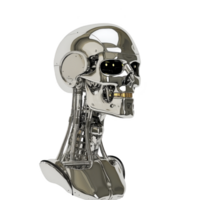 futuristic metallic robot head with intricate details and reflective surface, showcasing advanced technology and design. robot structure is sleek and modern, emphasizing innovation png