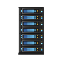 digital illustration of server rack with multiple blue lit servers, showcasing modern technology and data storage. design is sleek and futuristic, emphasizing connectivity and efficiency png