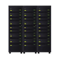 row of black server racks with glowing green and yellow indicator lights, representing data center environment. servers are organized neatly, showcasing modern technology infrastructure png