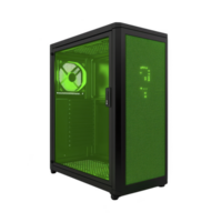 sleek black computer case with vibrant green LED fan and mesh front panel, designed for optimal airflow and cooling. modern design is perfect for gaming enthusiasts png