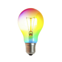 vibrant, multicolored light bulb with glowing filament, symbolizing creativity and innovation. rainbow hues create striking visual effect, making it eye catching design element png