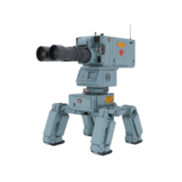 futuristic robotic turret with sleek design stands on four sturdy legs, featuring long barrel and advanced targeting systems, evoking sense of technological advancement png