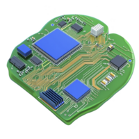 green circuit board with intricate gold pathways and blue microchips showcases advanced electronic components. design highlights modern technology and innovation in electronics png