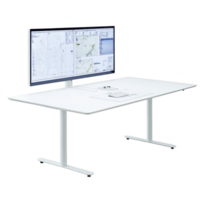 modern white office desk with dual monitors displaying maps and data, creating sleek and efficient workspace. minimalist design enhances productivity and focus png