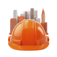 An orange construction helmet is prominently displayed front of city skyline, symbolizing urban development and safety. helmet represents construction industry and its role building modern cities png