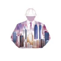 A silhouette of person wearing hard hat is overlaid with cityscape, symbolizing urban development and construction. image blends human and architectural elements, highlighting connection between png