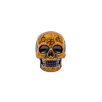 A vibrant orange skull with intricate black patterns, reminiscent of Day of Dead decorations, stands out against plain background, evoking festive and mysterious atmosphere png