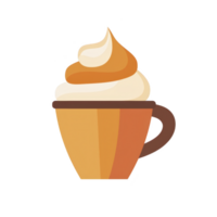 A warm, inviting illustration of coffee cup topped with swirled whipped cream, evoking cozy and comforting atmosphere. cup is depicted in shades of brown and orange, enhancing its autumnal feel png