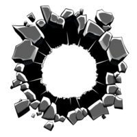 A circular hole with jagged edges, resembling break in wall or surface, surrounded by scattered debris. image conveys sense of destruction or impact png