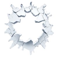 A circular hole with jagged, cracked edges in white surface, resembling burst or explosion. texture suggests brittle material, creating dramatic visual effect png