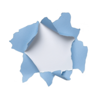 A torn blue paper with hole in center reveals blank white space, creating dynamic and textured effect. jagged edges add depth and interest to composition png