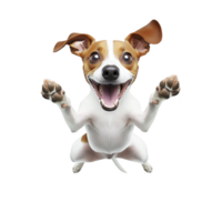 A joyful cartoon dog with big smile and raised paws, expressing excitement and playfulness. dog has brown and white fur, large eyes, and floppy ears, creating lively and animated appearance png