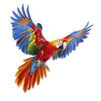 A vibrant scarlet macaw with colorful feathers spreads its wings in flight against transparency background, showcasing its striking red, blue, and yellow plumage png