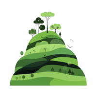 A stylized illustration of green hill with various trees and plants, showcasing vibrant and diverse landscape. design features different shades of green, creating layered effect that highlights png