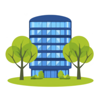 A modern blue office building with large windows is surrounded by green trees and bushes, creating harmonious blend of nature and architecture png