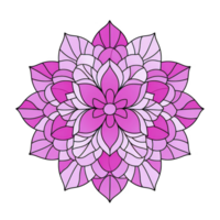 A vibrant mandala design featuring intricate pink and purple floral patterns, symbolizing harmony and balance. symmetrical arrangement creates sense of tranquility and focus png