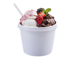 A delicious ice cream sundae in white cup features scoops of vanilla and strawberry ice cream, topped with chocolate chunks, fresh strawberries, and mint leaf png