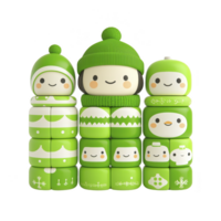 A This features set of stackable toy figures with smiling faces, dressed in green and white winter themed outfits, including hats and scarves, evoking playful and cheerful atmosphere png