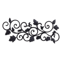 An elegant black wrought iron scrollwork design with intricate leaf patterns, perfect for decorative purposes in home or garden settings. swirling vines and leaves create classic and timeless look png