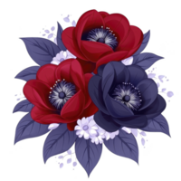 A vibrant bouquet of red and blue flowers with detailed petals and leaves, creating striking contrast. floral arrangement is enhanced by small white accents, adding elegance and charm png