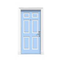 A light blue door with white trim and classic design, featuring peephole and modern handle, stands against plain background. door elegant style and soft color create welcoming appearance png