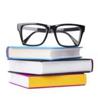A stack of colorful books with black eyeglasses on top, symbolizing knowledge and learning. books have vibrant covers, and glasses add scholarly touch to composition png