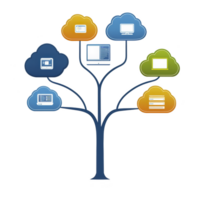 A digital tree with cloud icons representing various technology devices and services, symbolizing connectivity and network integration png