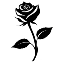 A black silhouette of rose with stem and leaves, showcasing elegant simplicity and beauty. design is minimalistic, highlighting classic shape of flower png