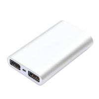 sleek white portable power bank with dual USB ports and compact design, perfect for charging devices on go. Its minimalist style and efficient functionality make it ideal for travel png