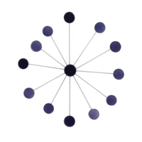 central black circle is connected to twelve smaller blue circles by thin lines, forming radial pattern resembling network or molecular structure. design is simple and abstract png