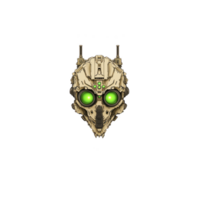 This features futuristic robotic insect head with glowing green eyes, intricate mechanical details, and antennae, set against plain background. design is symmetrical and highly detailed png