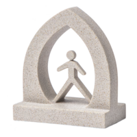 A stone sculpture features stylized human figure walking within arch, symbolizing movement and progress. textured surface adds natural feel to abstract design png