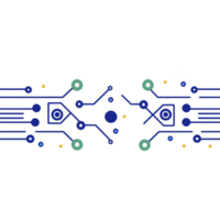 digital circuit design with interconnected lines and nodes in blue, green, and yellow, representing technology and connectivity. symmetrical pattern evokes sense of balance and innovation png