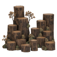 A collection of tree stumps arranged in natural setting with small trees and bushes, creating rustic and earthy atmosphere. stumps vary in height and size, adding depth and texture to scene png
