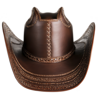 A brown leather cowboy hat with intricate stitching and wide brim, showcasing traditional Western style. craftsmanship highlights detailed patterns and rustic charm png
