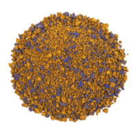 A vibrant mix of orange and blue granules forms circular pile, showcasing striking contrast of colors and textures. granules vary in size, creating intriguing visual pattern png