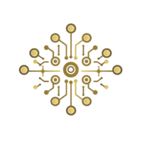 golden circuit design forms symmetrical, intricate pattern resembling mandala, symbolizing technology and connectivity. design is set against transparent background, highlighting its elegance png