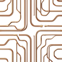 Copper pipes arranged in symmetrical pattern create intricate, industrial design. shiny, metallic surface reflects light, highlighting craftsmanship and complexity of layout png