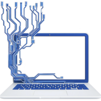 laptop with digital circuit tree emerging from screen symbolizes technology and innovation. blue circuitry represents connectivity and integration of digital networks png