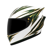 sleek racing helmet with dynamic green and gold abstract design on transparency background, featuring black visor. helmet exudes sense of speed and style, perfect for motorsport enthusiasts png