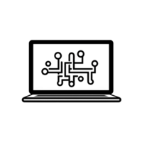 sketch of laptop with circuit design on screen symbolizes technology and innovation. simple black and white illustration conveys sense of modernity and digital connectivity png
