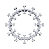 circular arrangement of interconnected white geometric shapes forms symmetrical pattern, resembling mechanical or abstract design. structure is composed of repeating elements, creating sense png