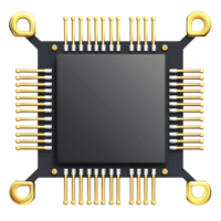 detailed illustration of microchip with gold connectors, showcasing intricate electronic components. design highlights complexity and precision of modern technology png