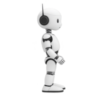 cute humanoid robot with headphones stands profile, showcasing its sleek white design and articulated joints. robot friendly appearance and modern technology highlight its potential png