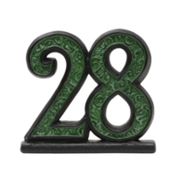 image features decorative number 28 with ornate, green floral pattern on black base, creating elegant and artistic appearance png