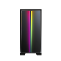 sleek black computer tower with vibrant vertical RGB light strip on front panel, showcasing spectrum of colors from red to blue. design is modern and eye catching png
