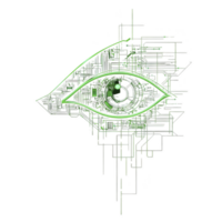 digital illustration of green eye with circuit patterns symbolizes technology and artificial intelligence. intricate design blends human and machine elements, evoking futuristic feel png