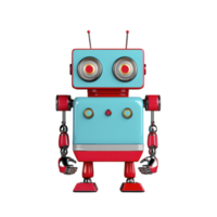 cute retro robot with blue and red design stands with friendly expression, featuring large round eyes and antennae. Its shiny metallic finish adds playful charm png